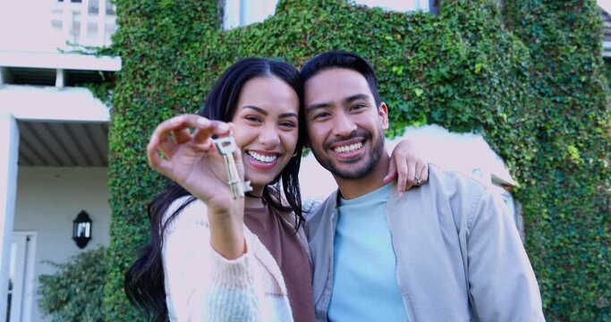 Keys, new house or face of couple moving to property, real estate or investment of homeowner outdoor. Happy portrait, man or hug woman in garden with building key, mortgage loan or dream neighborhood