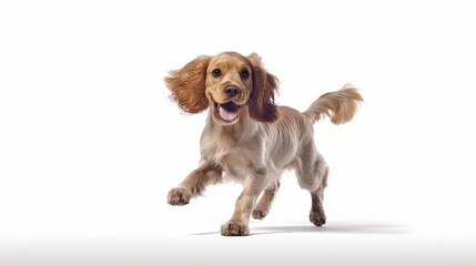 Pure youth crazy. English cocker spaniel young dog is posing. Cute playful white-braun doggy or pet is playing and looking happy isolated on white background. Concept of motion, action, movement