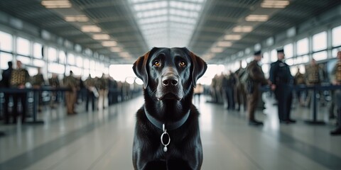 Drug detection dog at the airport on the background of cops. - obrazy, fototapety, plakaty