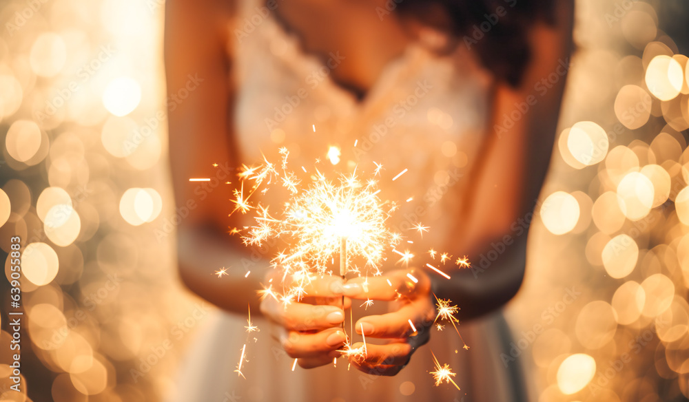 Wall mural young woman holding sparkler at party. Amazing sparklers in female hands. Cheerful beautiful woman celebrating New Year. She is having fun with sparkler. digital ai