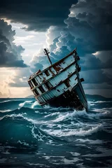 Foto op Canvas Photo of a ship sailing in the vast ocean under a dramatic cloudy sky © Usman