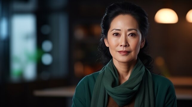 Serious Mature Asian Woman Looking At The Camera