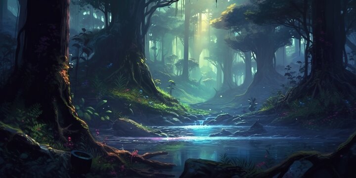 Fantasy landscape illustration in the forest, anime style
