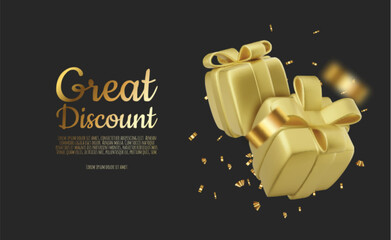 Gold gift box decorative festive object with golden bows and gold sequins confetti on black background