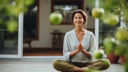 Smiling woman balancing green apple and meditating in backyard