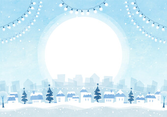 クリスマスの背景フレーム イルミネーションと雪の街の水彩風景イラスト