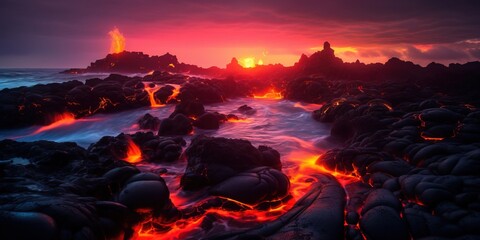 Fresh lava on rocks at scenic twilight