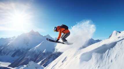 Fototapeta na wymiar Snowboarder at jump inhigh mountains at sunny day