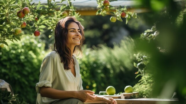 Smiling woman balancing green apple and meditating in backyard