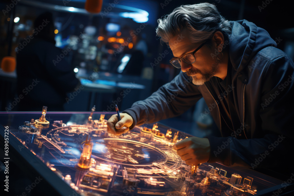 Poster technological imagination. engineer sketching a blueprint for a futuristic machine, showcasing the f
