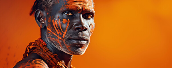 Australian Aboriginal Man in Traditional Paint on a Desert Orange Background with Space for Copy.