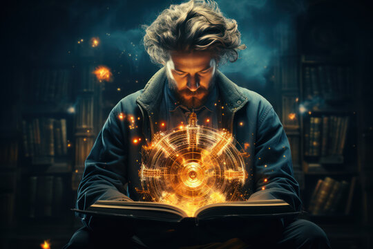 Insightful Reading. Person absorbed in reading a thought-provoking book, illustrating the process of gaining new ideas through literature. Generative Ai.