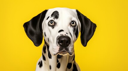 Studio headshot portrait of Dalmatian dog looking forward against a yellow background
