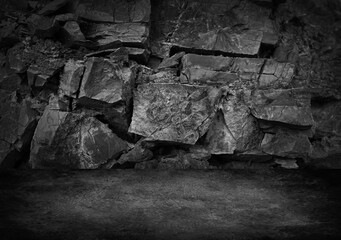 Black white rock stone mountain grunge background. Design. Wall table shelf floor. Product. Stage stand mockup. 3d. Geometric. Cracked broken rough. Nature. Outdoor. Dark grey. Close-up. Empty space.