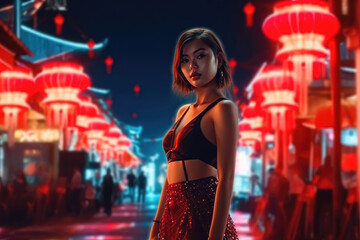 A beautiful Thai girl dressed in a skirt stands against a backdrop of red neon lights illuminating the cityscape. Generative AI, AI.