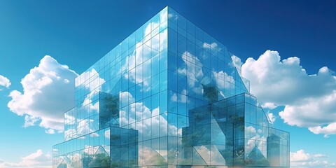 Glass building under blue sky and white clouds. Generative AI.