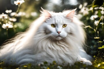 Obraz premium white cat with long hair in the garden