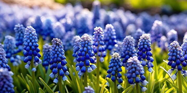 Grape hyacinth flowering - Muscari botryoides plant blooming with blue flowers in spring garden
