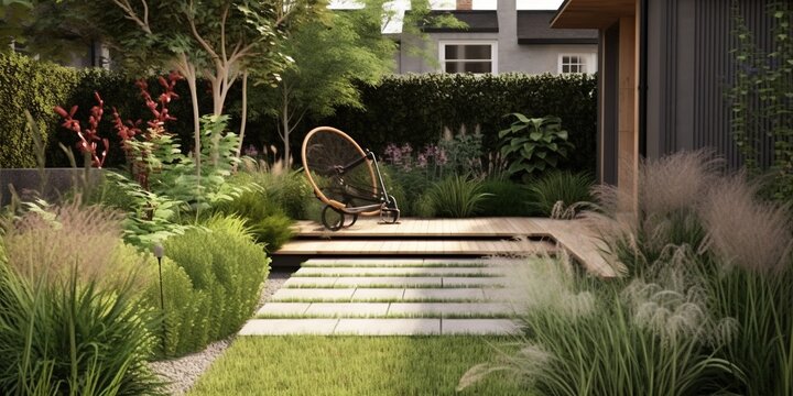 Grass Fringes And A Modern Black Cycle Stand Alongside Low Maintenance Garden Remnants.