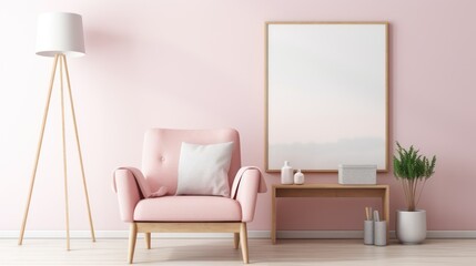 Pink living room interior with seat and commode with art decoration, with copy space canvas frame mockup.