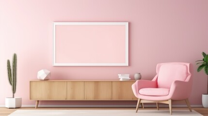 Pink living room interior with seat and commode with art decoration, with copy space canvas frame mockup.