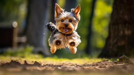 Photo of happy Yorkshire Terrier jdog umping in front of the camera. Digital illustration generative AI. - obrazy, fototapety, plakaty