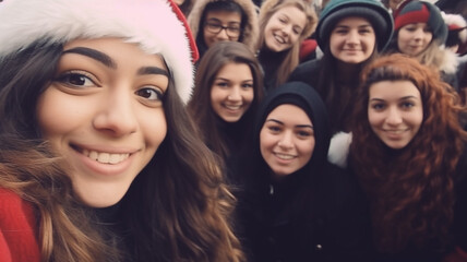 Obraz premium adolescent girls and a boy with glasses, at christmas, a selfie photo in a group of friends, students together at the beginning of the christmas holidays, fictitious place