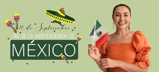 Fototapeta na wymiar Greeting card for Independence day of Mexico with woman and flag