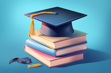 school books or book books are stacked with a graduation cap on top of them on blue colored background, Ai generative