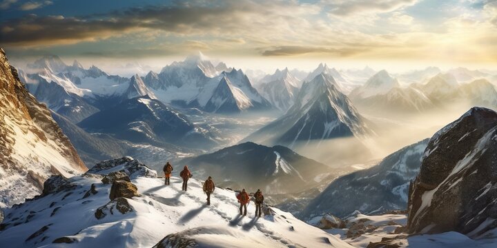 Hikers trek down a snowy ridge below Mont Blanc, France.