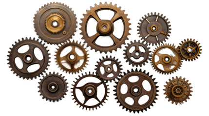 Several old industrial gears isolated on white created with Generative AI