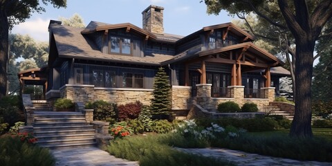 Fototapeta premium Home architecture design in Craftsman Style with Front porch constructed by Wood and Stone material.