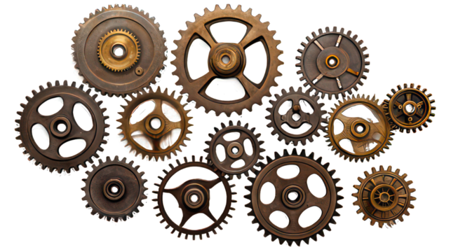 Several old industrial gears isolated on white created with Generative AI