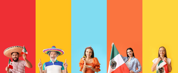 Set of different Mexican people on colorful background