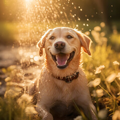 A playful Labrador retriever frolicking in the park, its glossy coat shining, tail wagging, and eyes filled with joy.