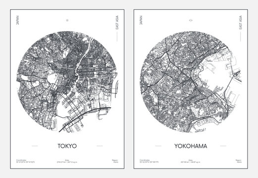 Travel poster, urban street plan city map Tokyo and Yokohama, vector illustration