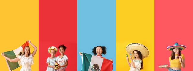 Set of many Mexican women and girls on colorful background