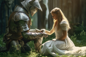 A kneeling knight and a girl in a white dress, as she extends her hand to the knight, creating a fairy-tale atmosphere.  Generative Ai, Ai.