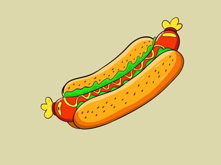 Ilustrasi hot dog yang lezat, dengan olesan saus yang menambah kenikmatan.