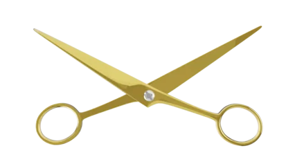 Fotobehang Opened golden hairdresser scissors isolated on transparent and white background. Barber concept. 3D render © Artem