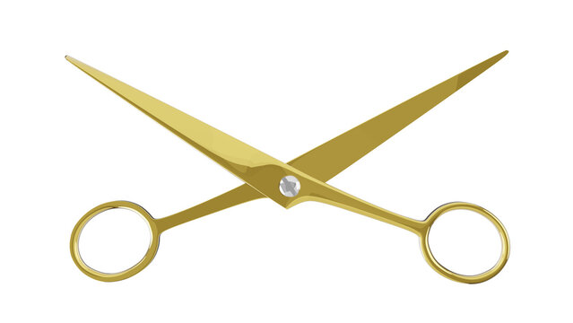Opened golden hairdresser scissors isolated on transparent and white background. Barber concept. 3D render