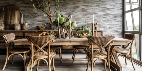 Interior design of Dining Room in Rustic style with Reclaimed Wood Table decorated with Woven