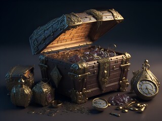 Photo of a chest of gold coins and a clock