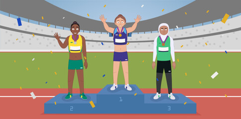 Illustration of female athletes on winners podium in stadium. Gold, silver, bronze winners medal standings celebration. Editable vector.
