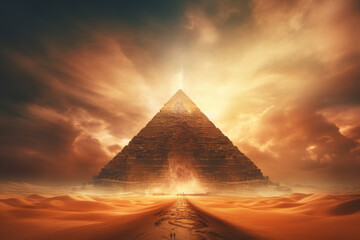 A magical pyramid in a vast desert, sun is rising.
