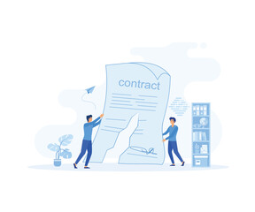 Cancellation of a contract. concept of termination of an agreement. Two men on suit tearing contract. flat vector modern illustration 