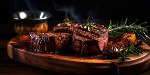 Fototapeta na wymiar Juicy grilled steak on rustic wooden tray against dark background. Genera