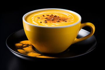 Curcuma latte, turmeric latte, golden milk. Hot healthy drink on black