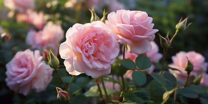 Light pink Floribunda rose blooming. Rosa Botticelli Introduced in France by Meilland