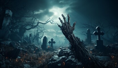 Halloween ambiance: undead hand emerges from earth. Cemetery with crosses, invoking fear and horror.. ai generation